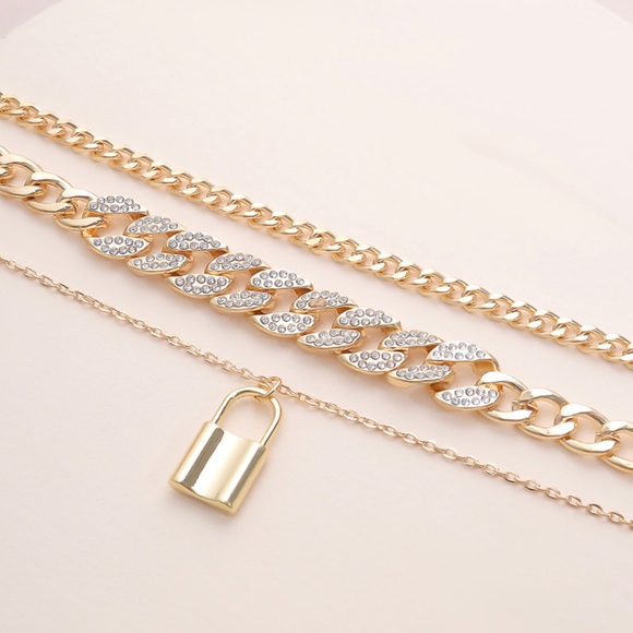 Gold Unisex Multilayer Padlock Chain Necklace - Picture 5 of 8